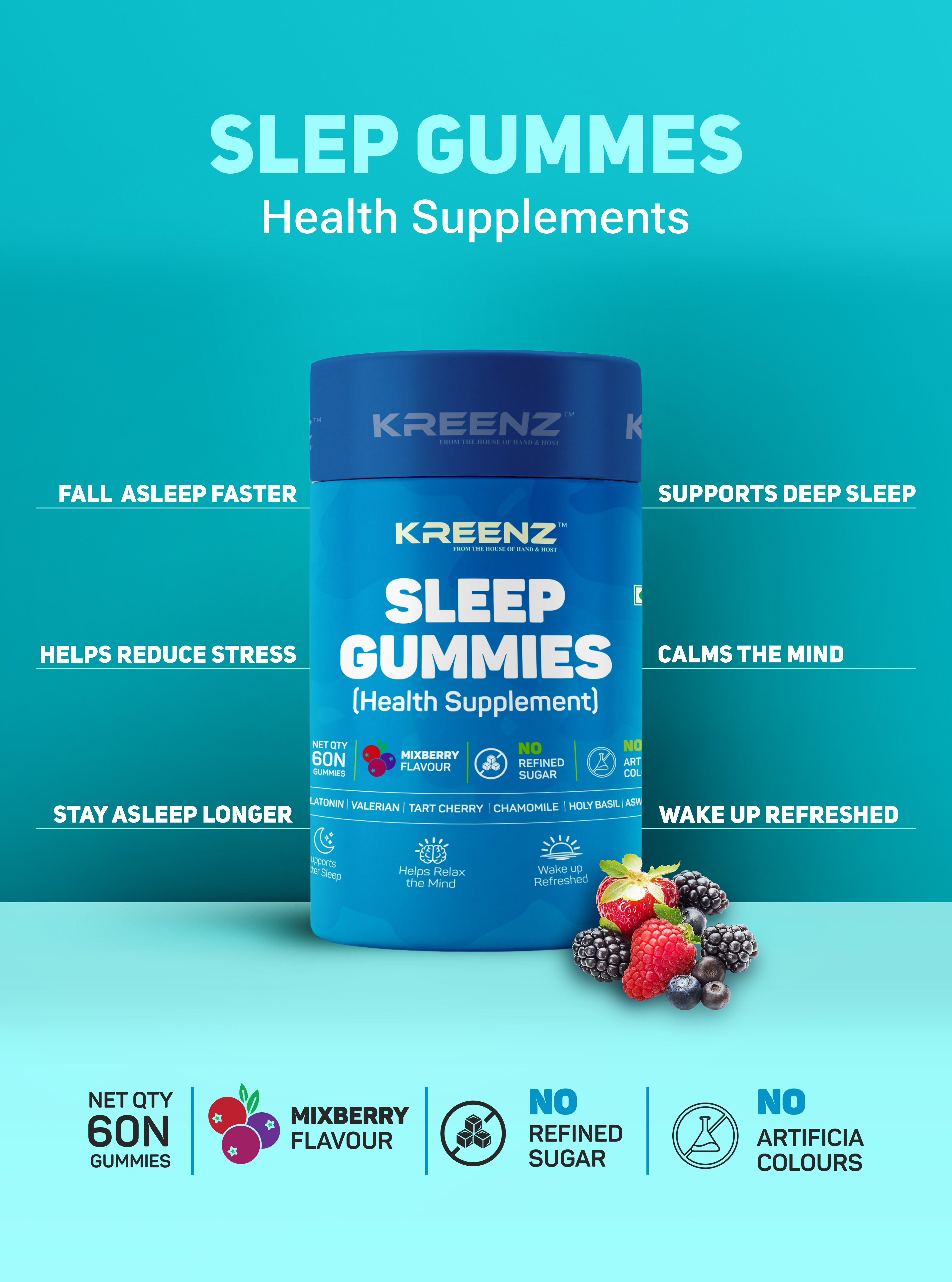 Kreenz Sleep Gummies with Melatonin | Calm & Relax Support | Mixed Berry | 60 Gummies