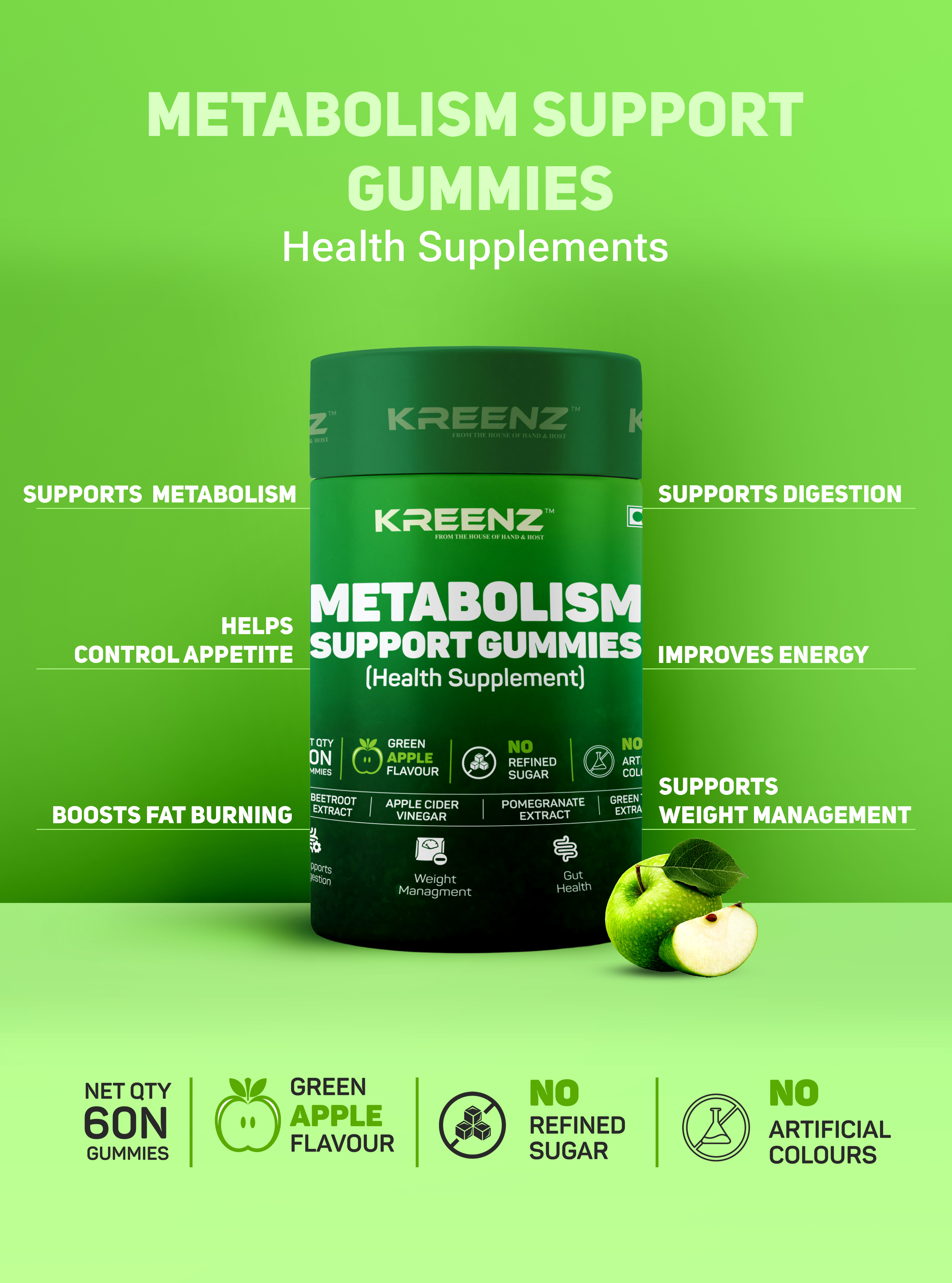 Kreenz Metabolism Support Gummies | Apple Cider Vinegar & Green Tea | 60 Gummies