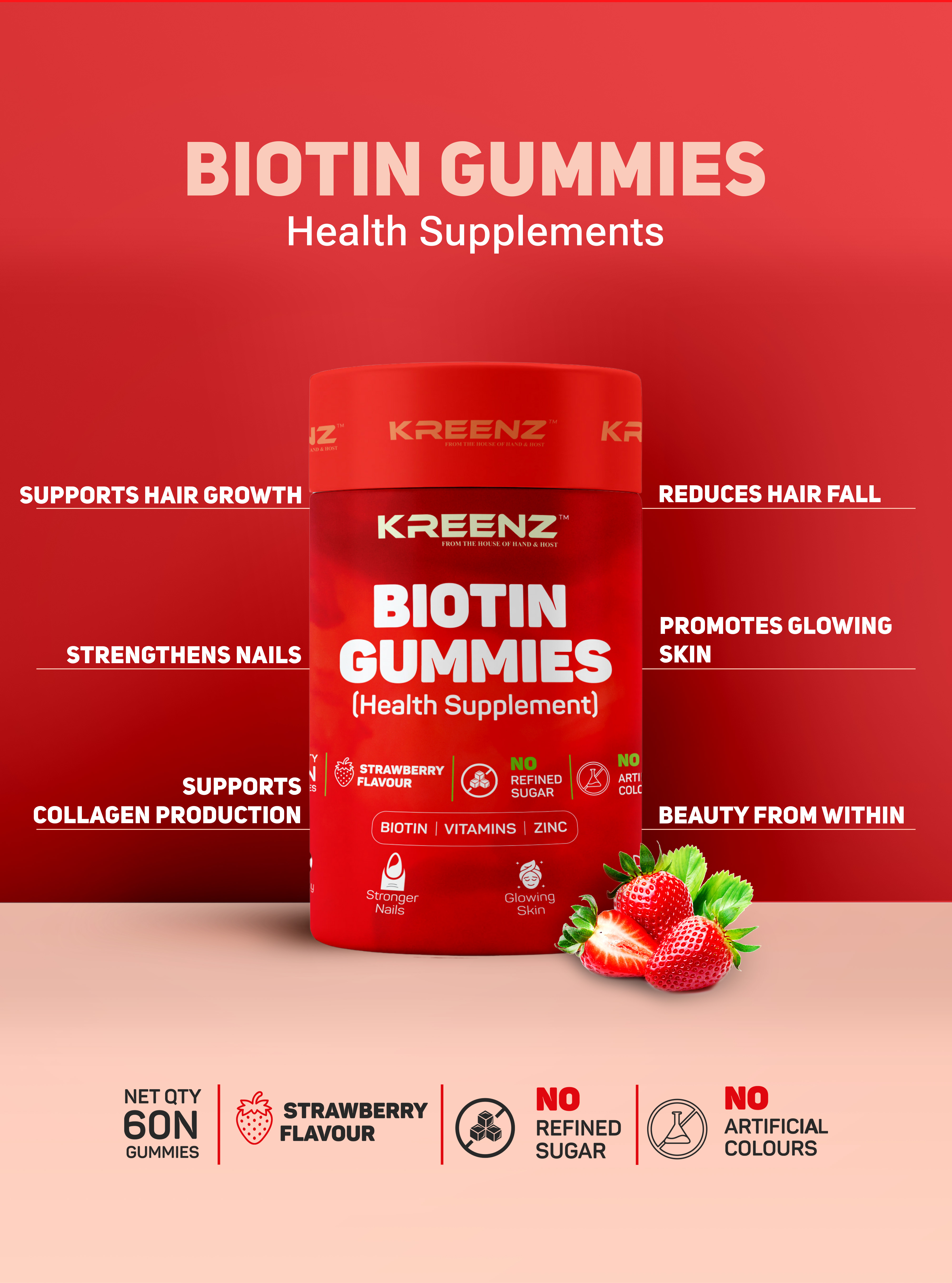 Kreenz Biotin Gummies for Hair, Skin & Nails | Strawberry Flavour | 60 Gummies